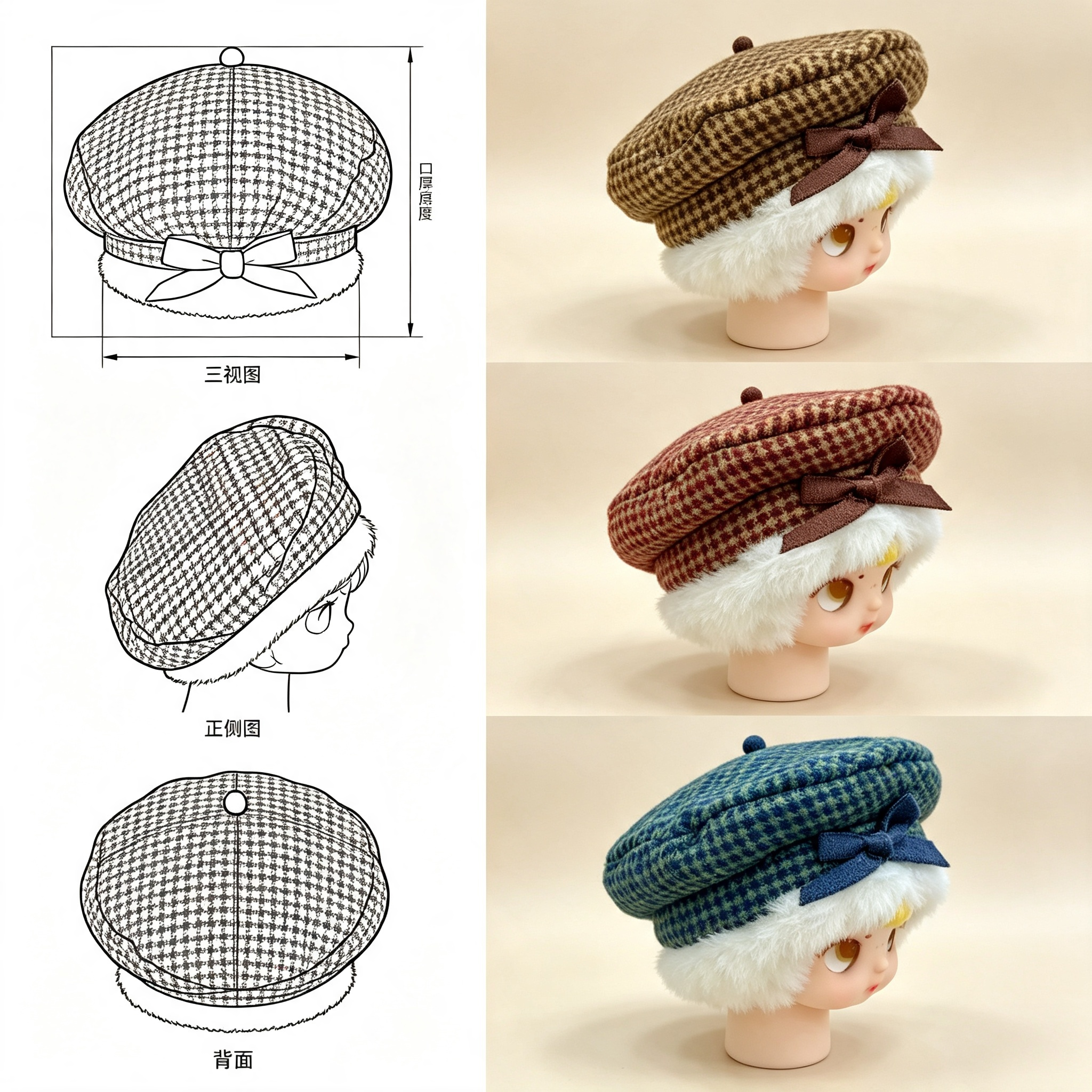 Custom Plaid Doll Headwear, OEM & ODM Doll Hat Development and Production, Character Fashion IP